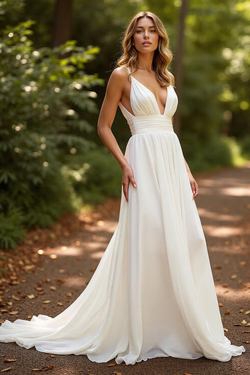Ivory Chiffon A Line V-Neck Court Train Wedding Dress